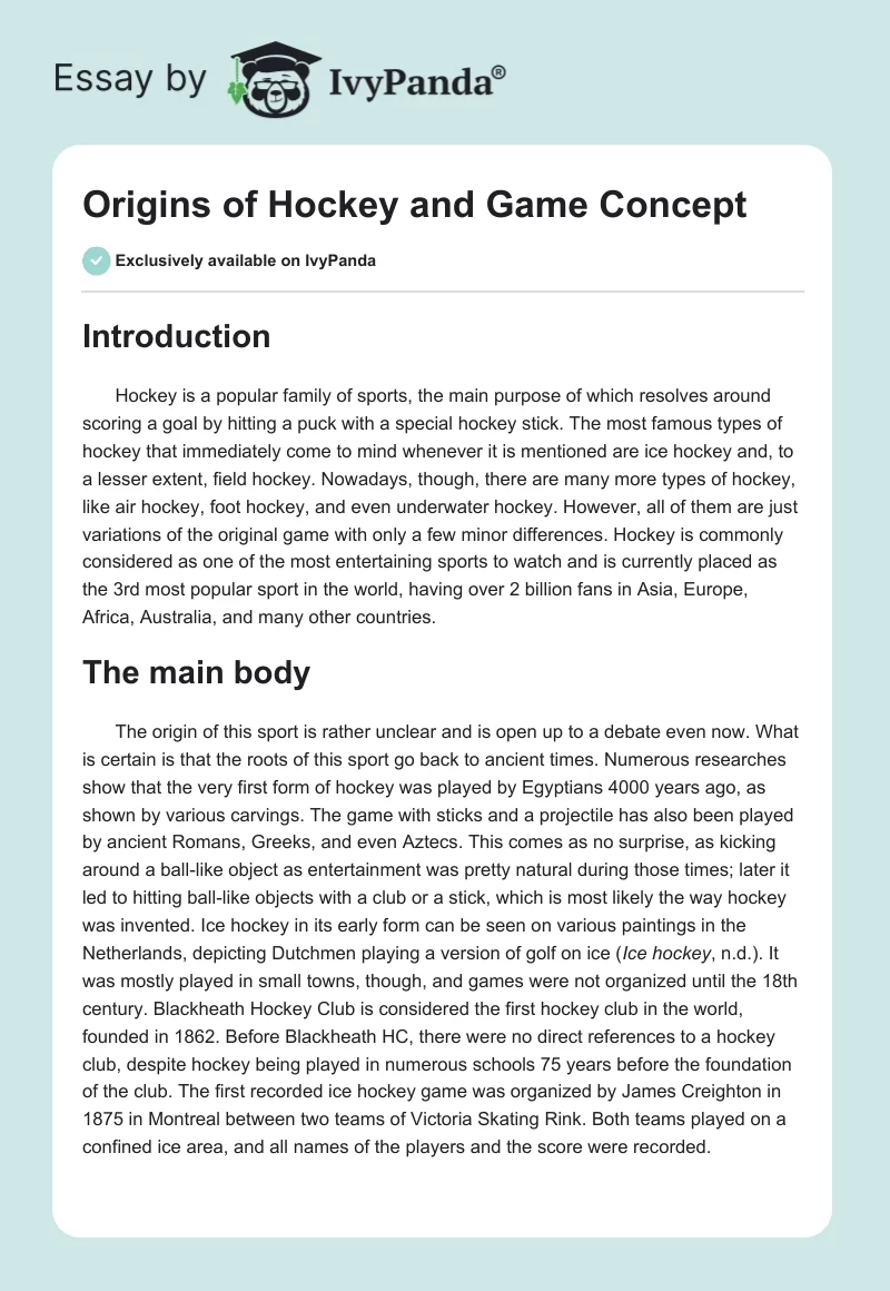 Origins of Hockey and Game Concept. Page 1