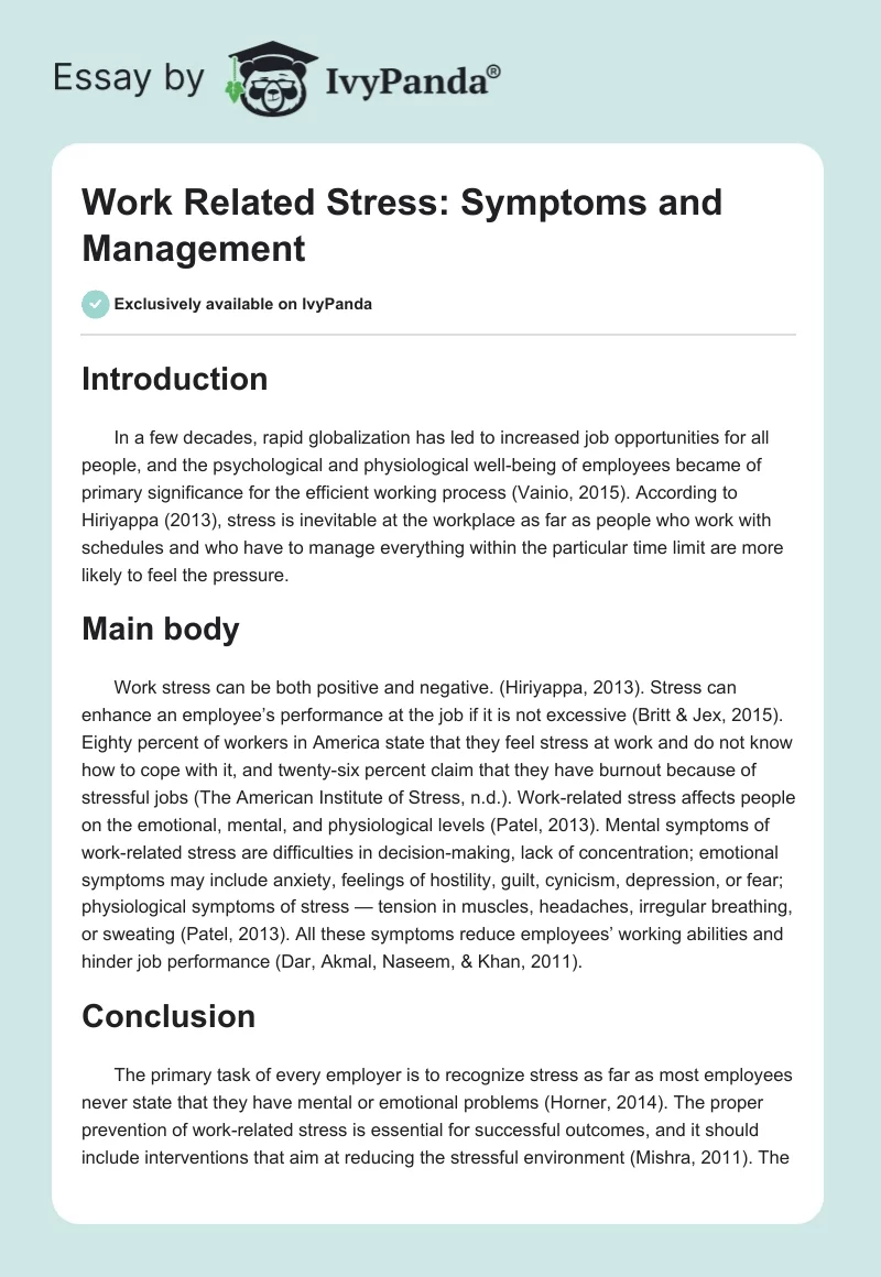 Work Related Stress: Symptoms and Management. Page 1
