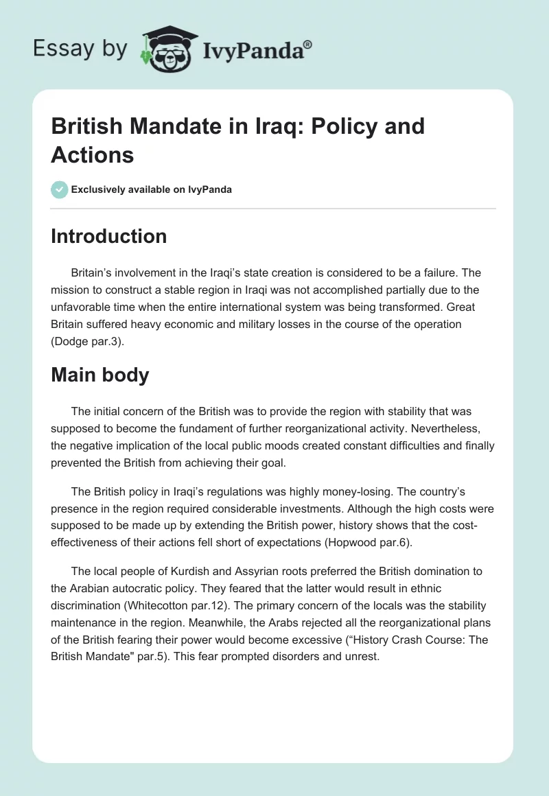 British Mandate in Iraq: Policy and Actions. Page 1