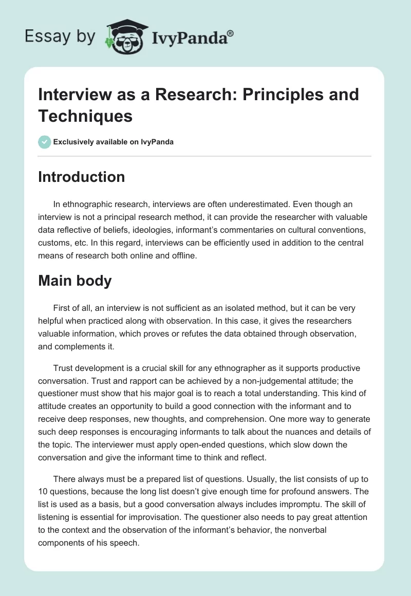Interview as a Research: Principles and Techniques. Page 1