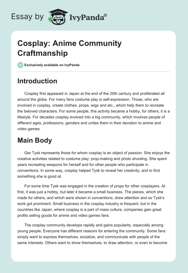 Cosplay: Anime Community Craftmanship. Page 1