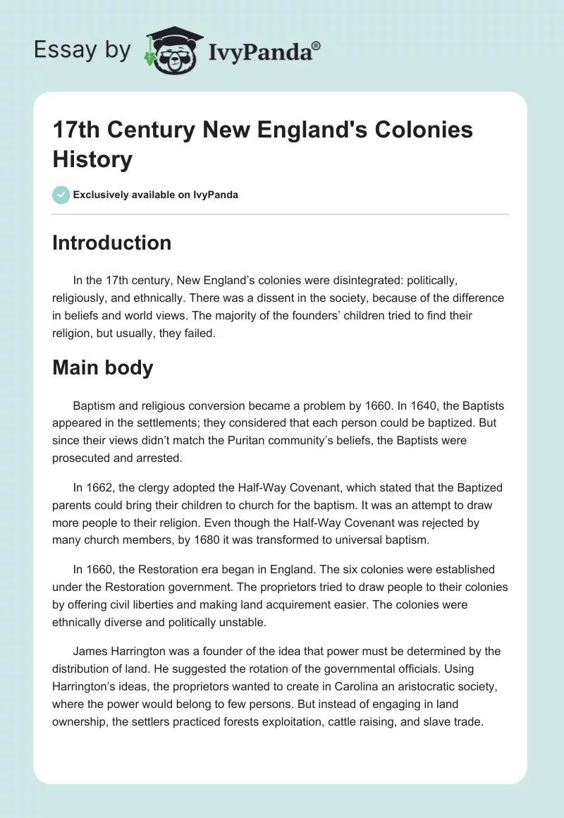 17th Century New England's Colonies History. Page 1
