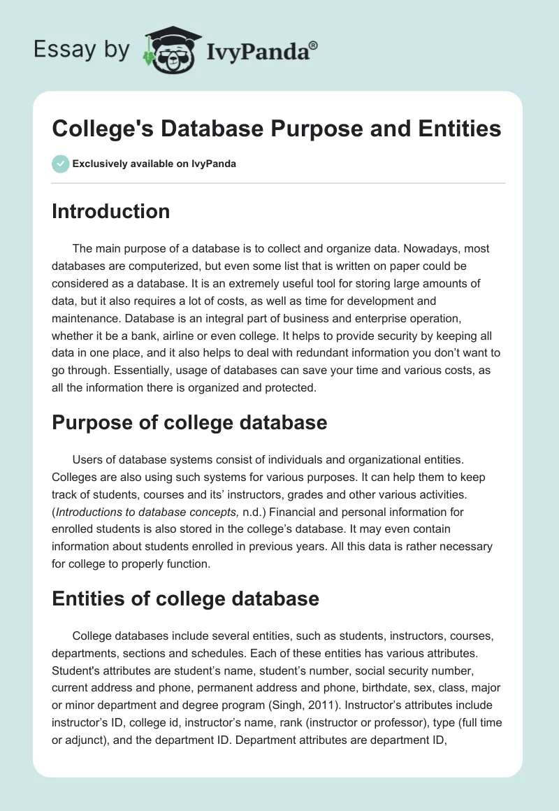 College's Database Purpose and Entities. Page 1