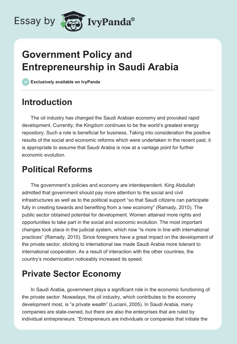 Government Policy and Entrepreneurship in Saudi Arabia. Page 1