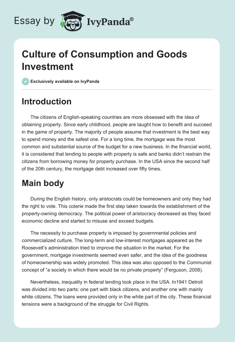 Culture of Consumption and Goods Investment. Page 1