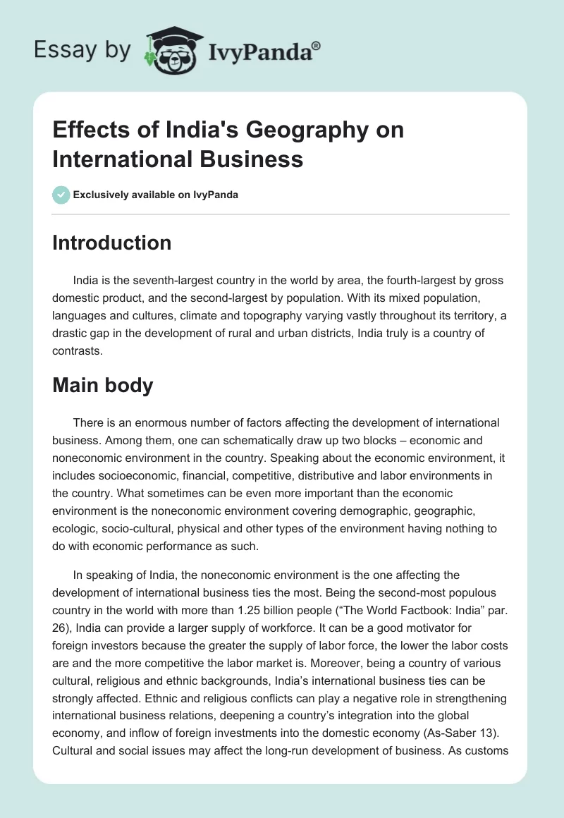 Effects of India's Geography on International Business. Page 1