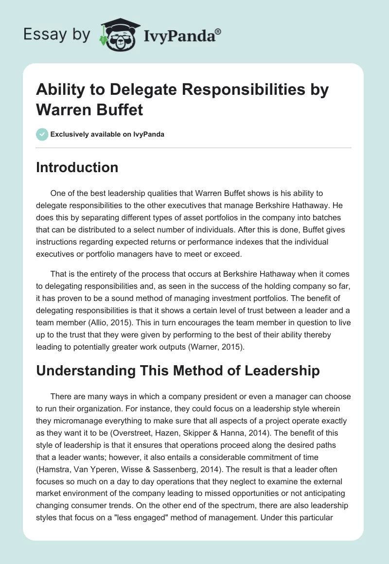 Ability to Delegate Responsibilities by Warren Buffet. Page 1