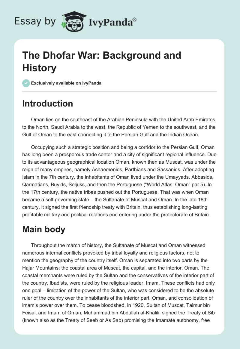 The Dhofar War: Background and History. Page 1