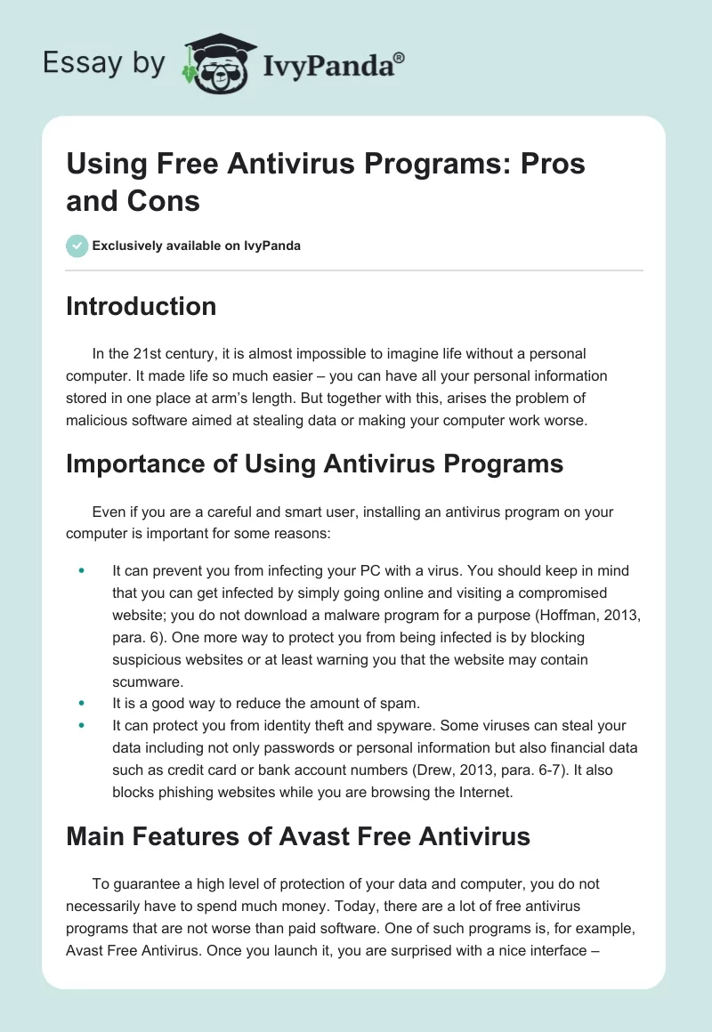 Using Free Antivirus Programs: Pros and Cons. Page 1