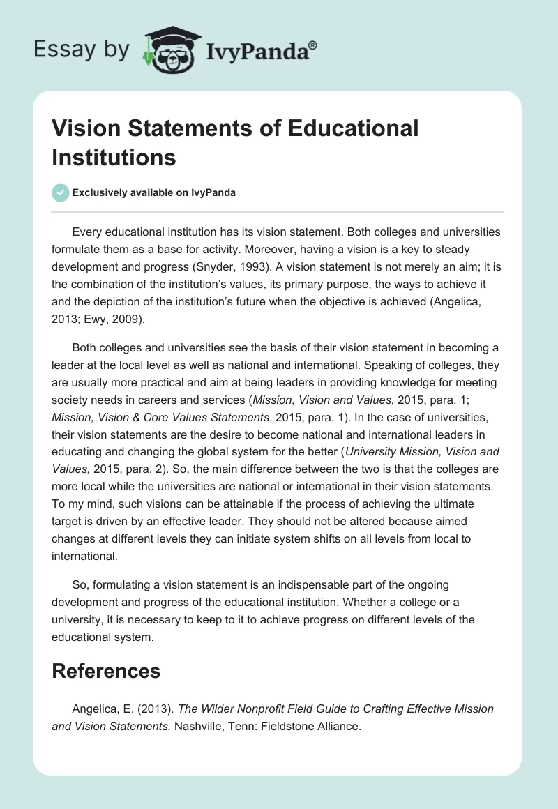 Vision Statements of Educational Institutions. Page 1
