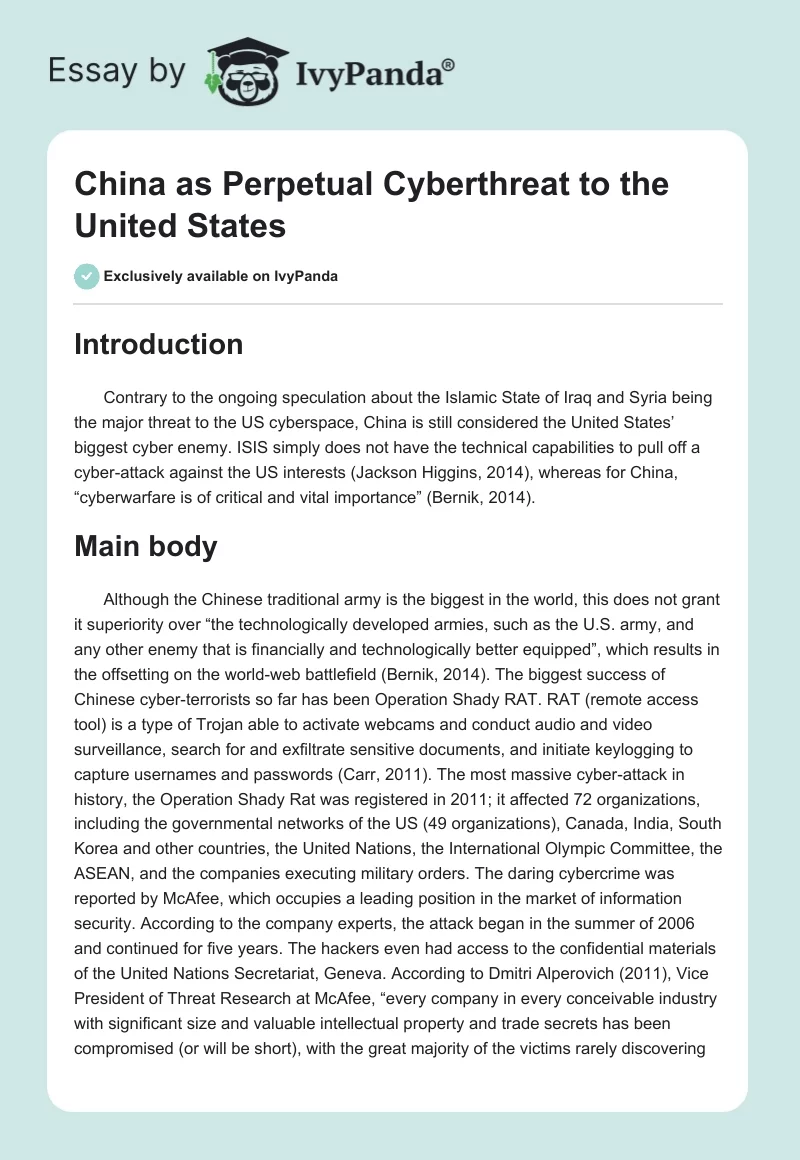 China as Perpetual Cyberthreat to the United States. Page 1