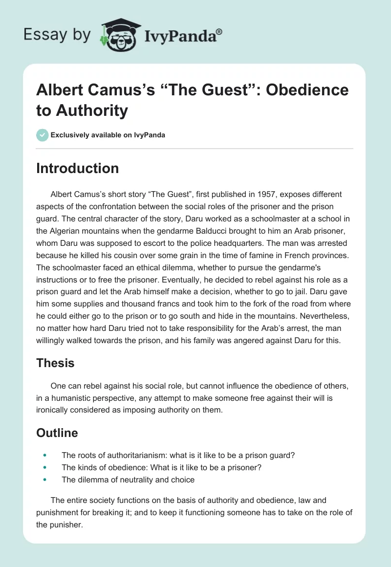 Albert Camus’s “The Guest”: Obedience to Authority. Page 1