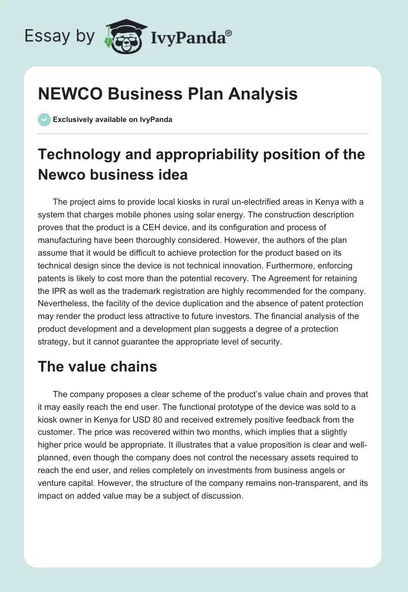 NEWCO Business Plan Analysis. Page 1