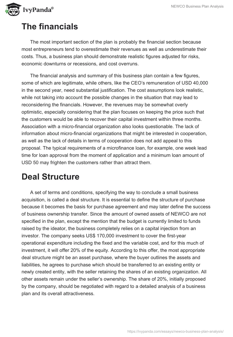 NEWCO Business Plan Analysis. Page 3