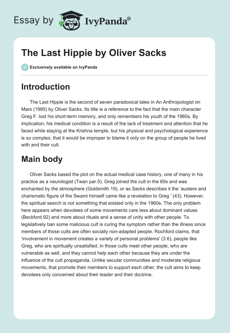 "The Last Hippie" by Oliver Sacks. Page 1