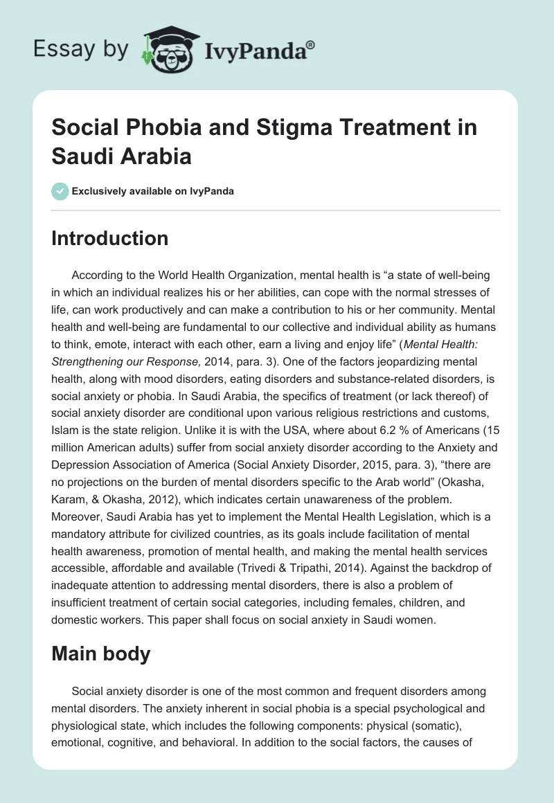Social Phobia and Stigma Treatment in Saudi Arabia. Page 1