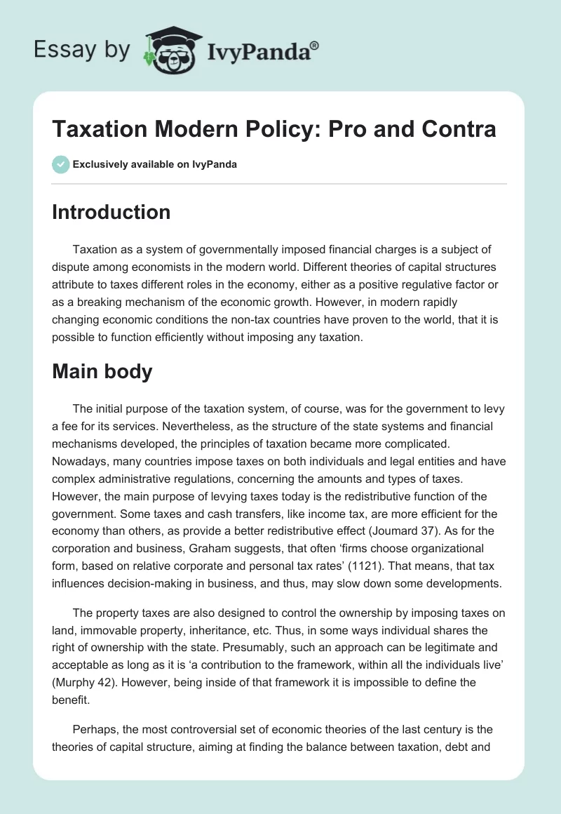 Taxation Modern Policy: Pro and Contra. Page 1