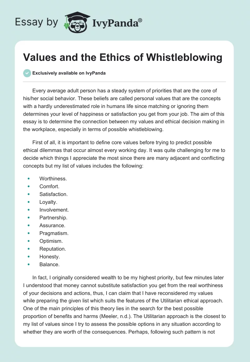 Values and the Ethics of Whistleblowing. Page 1