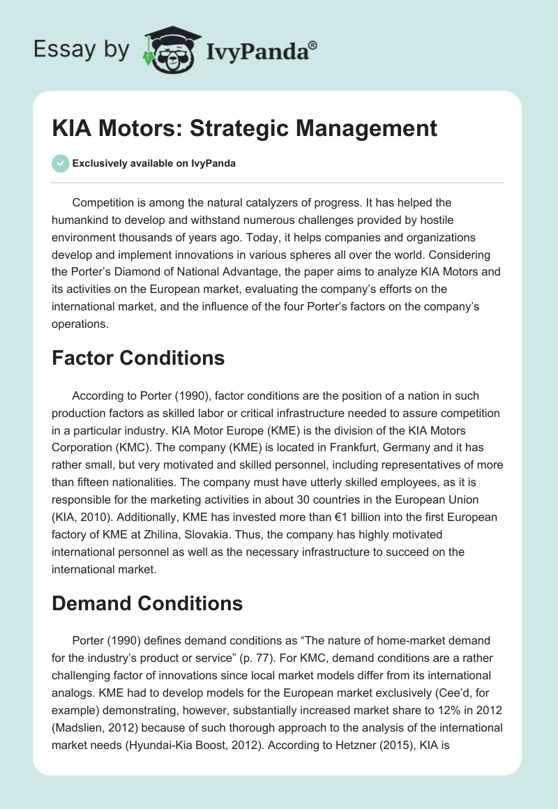KIA Motors: Strategic Management. Page 1