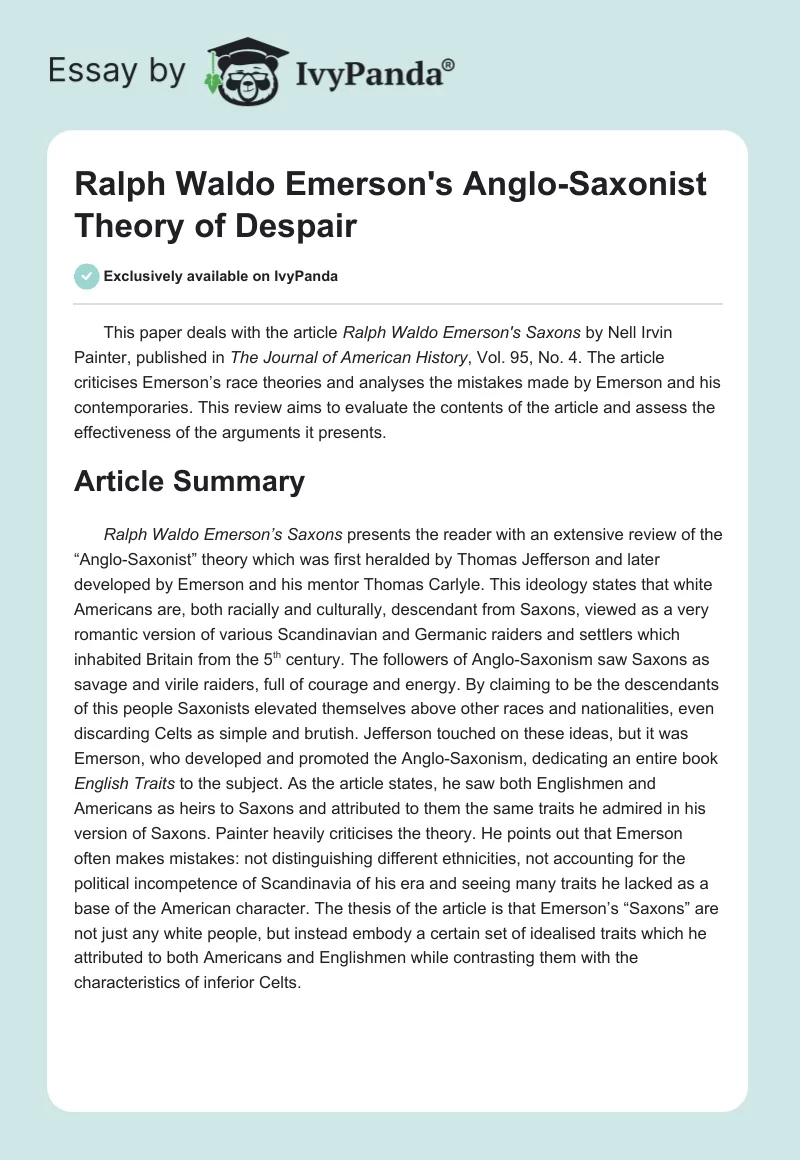 Ralph Waldo Emerson's Anglo-Saxonist Theory of Despair. Page 1
