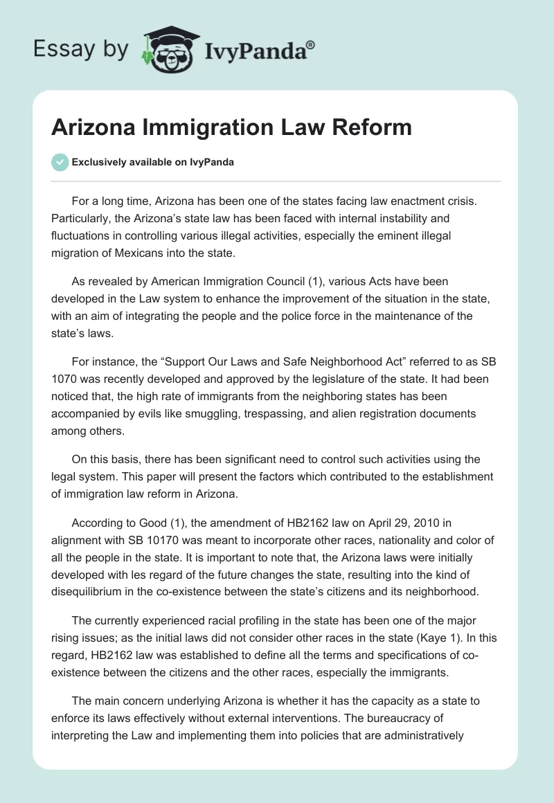 Arizona Immigration Law Reform. Page 1