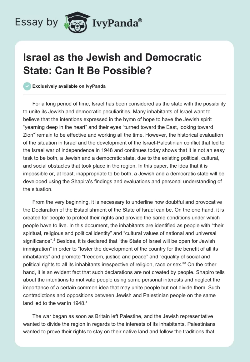Israel as the Jewish and Democratic State: Can It Be Possible?. Page 1