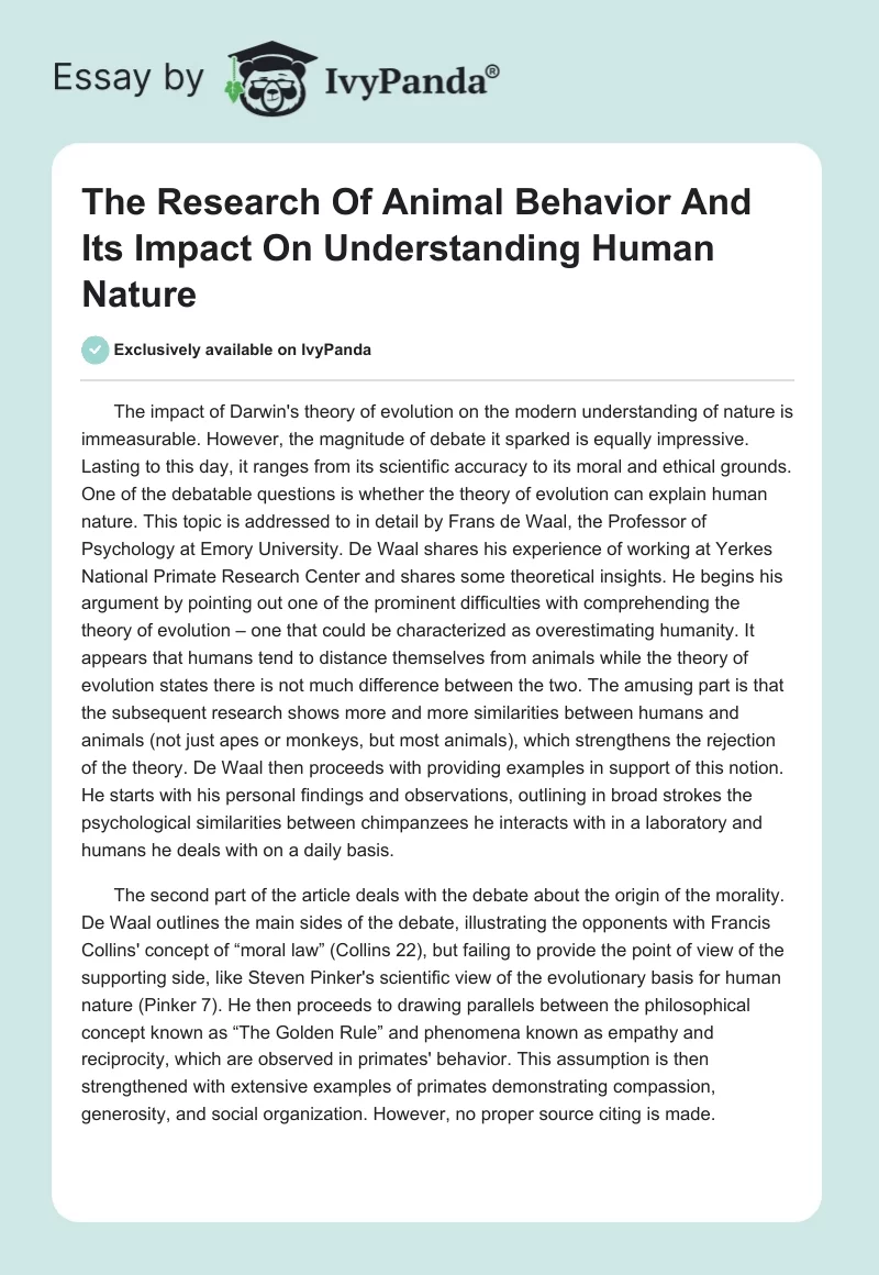The Research Of Animal Behavior And Its Impact On Understanding Human Nature. Page 1