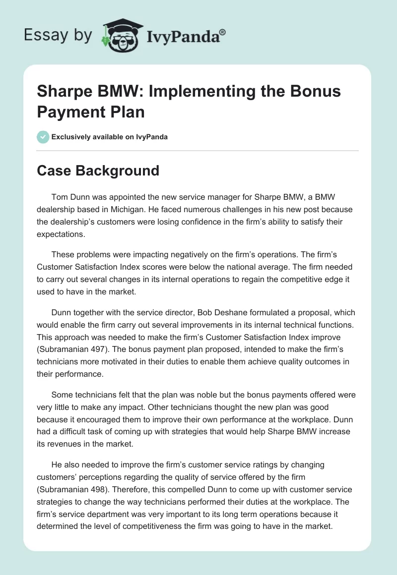 Sharpe BMW: Implementing the Bonus Payment Plan. Page 1