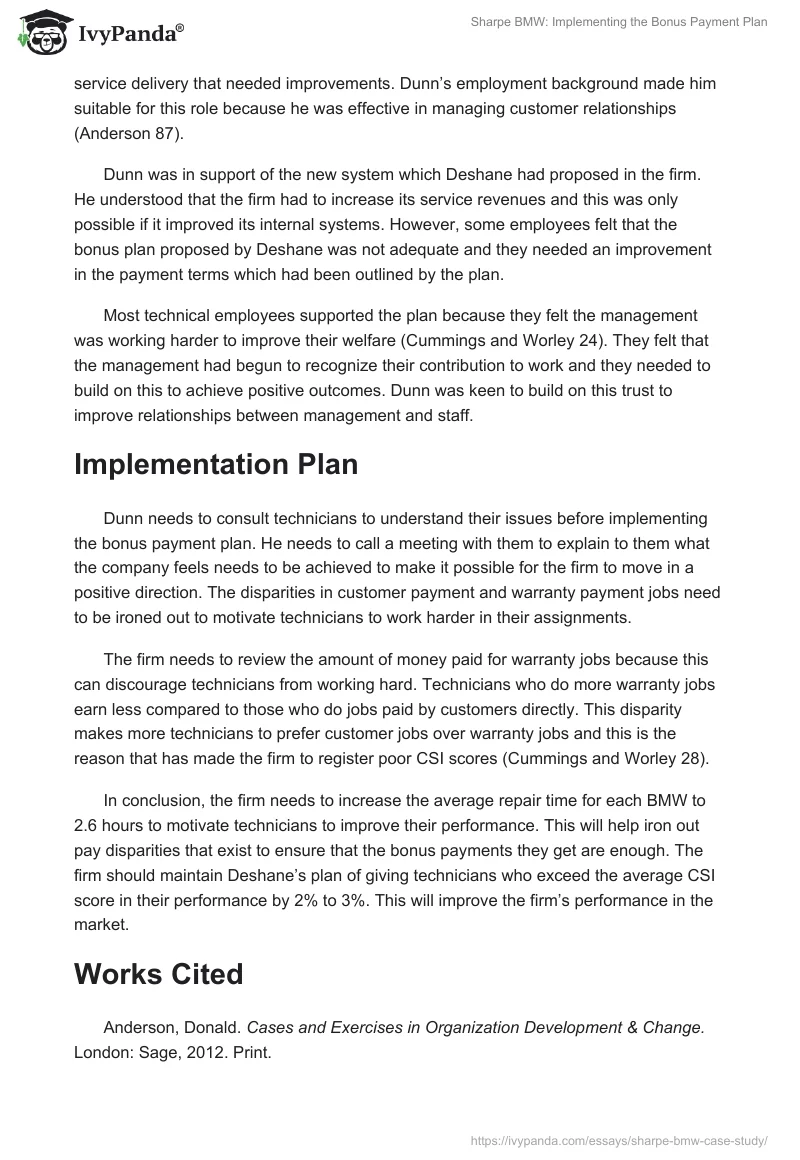 Sharpe BMW: Implementing the Bonus Payment Plan. Page 3