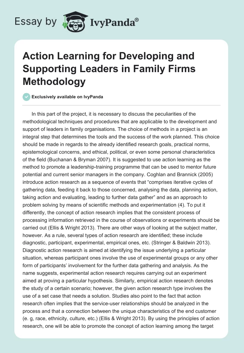 Action Learning for Developing and Supporting Leaders in Family Firms Methodology. Page 1