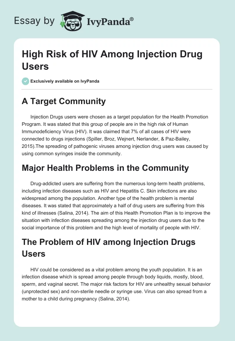 High Risk of HIV Among Injection Drug Users. Page 1