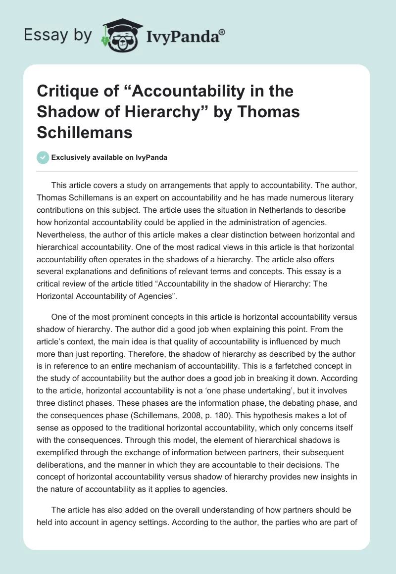 Critique of “Accountability in the Shadow of Hierarchy” by Thomas Schillemans. Page 1