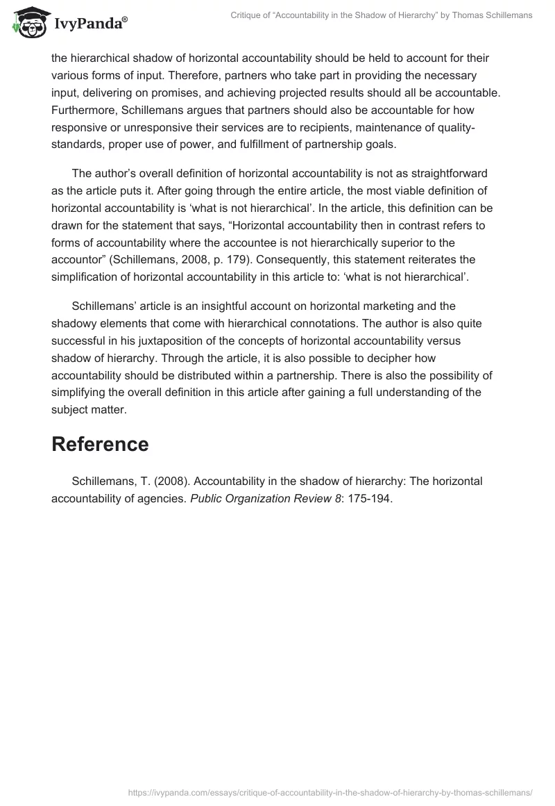 Critique of “Accountability in the Shadow of Hierarchy” by Thomas Schillemans. Page 2