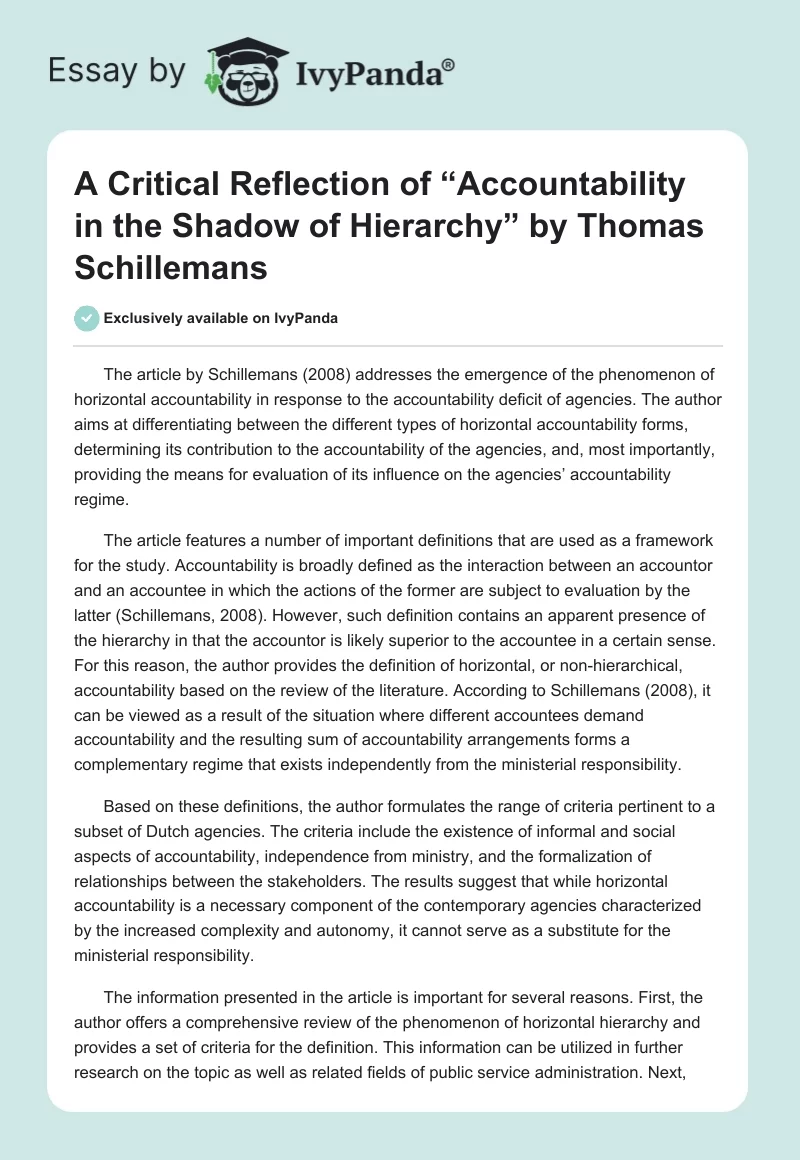 A Critical Reflection of “Accountability in the Shadow of Hierarchy” by Thomas Schillemans. Page 1