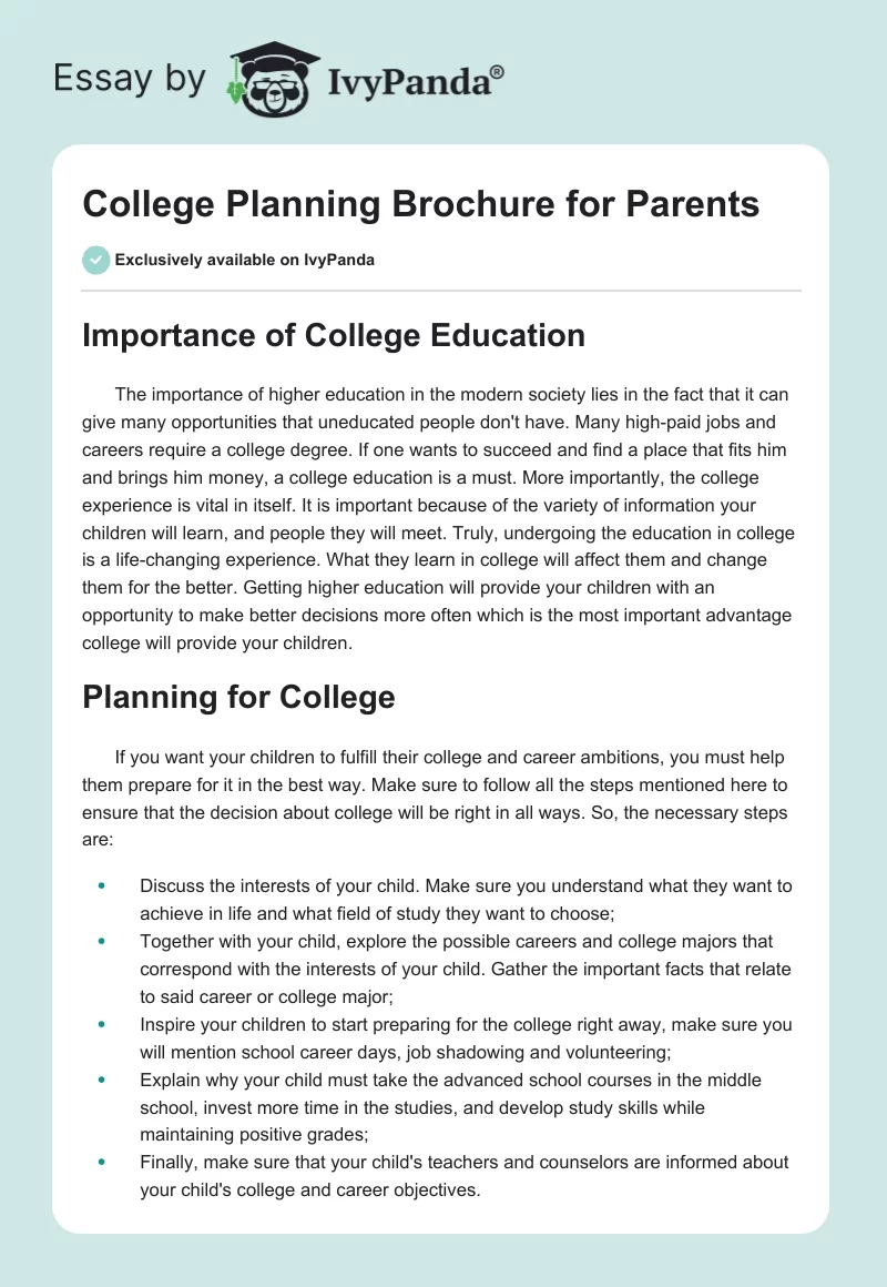 College Planning Brochure for Parents. Page 1