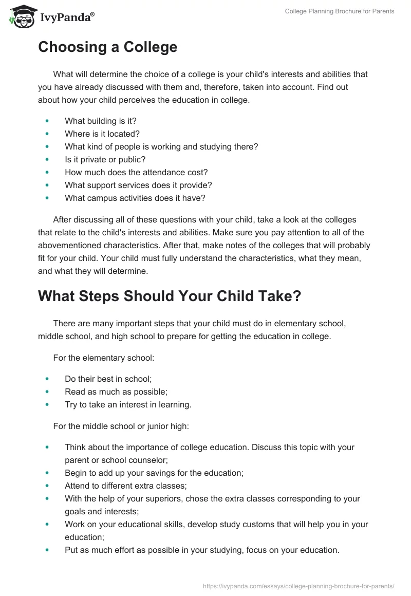 College Planning Brochure for Parents. Page 2