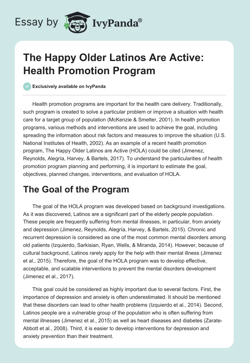The Happy Older Latinos Are Active: Health Promotion Program. Page 1
