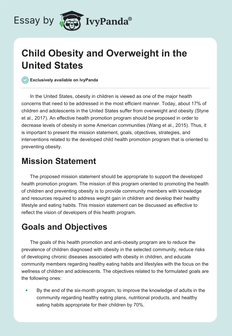 Child Obesity and Overweight in the United States. Page 1