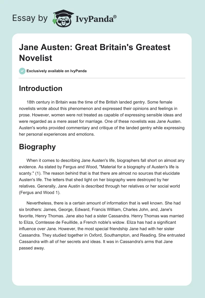 Jane Austen: Great Britain's Greatest Novelist. Page 1