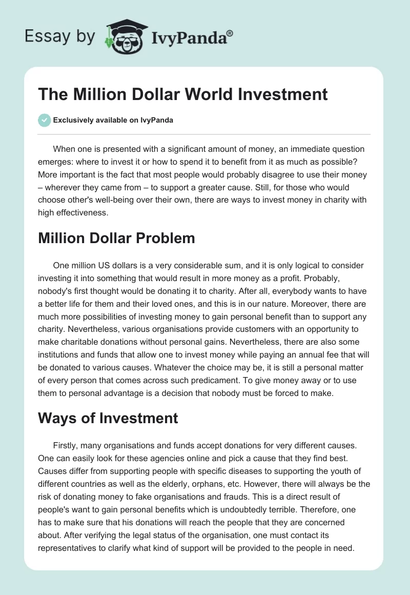 The Million Dollar World Investment. Page 1