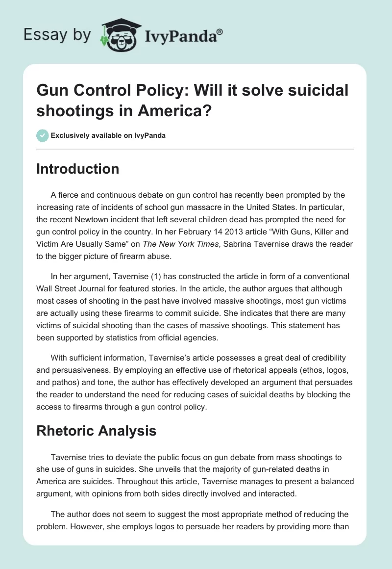Gun Control Policy: Will it solve suicidal shootings in America?. Page 1