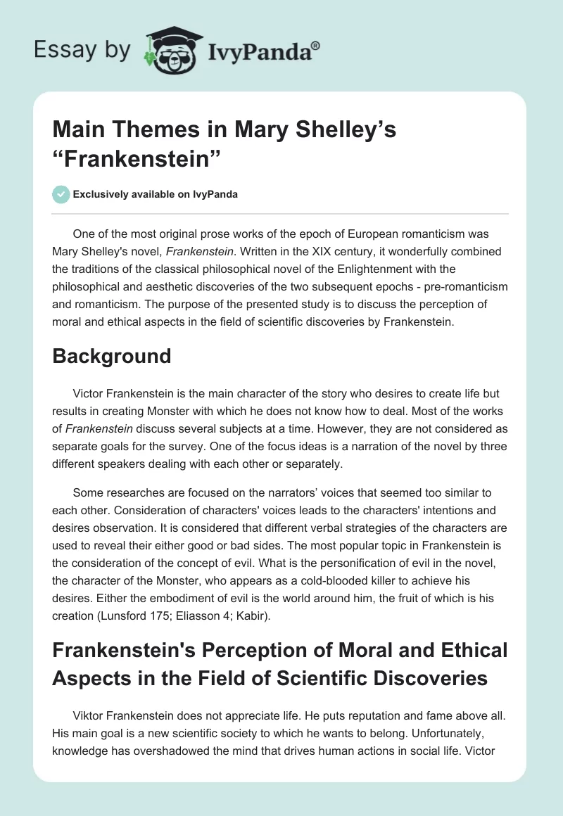 Main Themes in Mary Shelley’s “Frankenstein”. Page 1