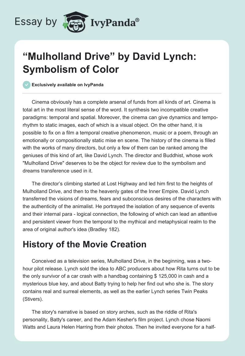 “Mulholland Drive” by David Lynch: Symbolism of Color. Page 1