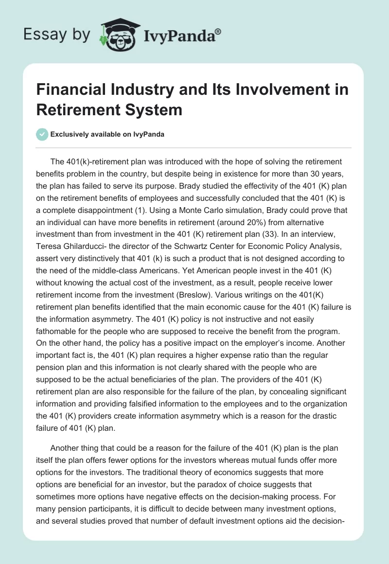 Financial Industry and Its Involvement in Retirement System. Page 1