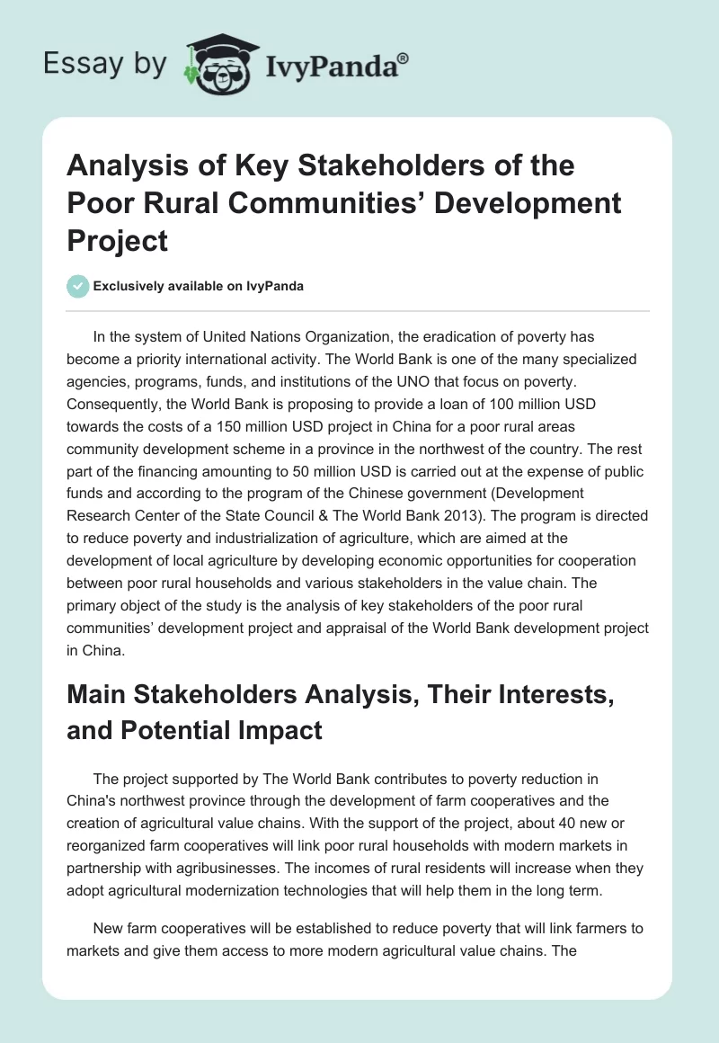 Analysis of Key Stakeholders of the Poor Rural Communities’ Development Project. Page 1