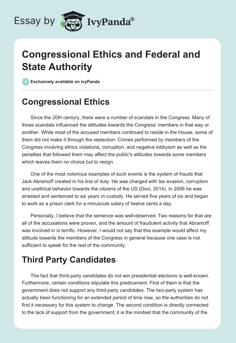 Congressional Ethics and Federal and State Authority. Page 1