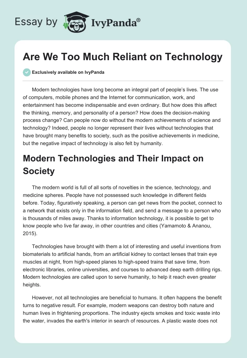 Are We Too Much Reliant on Technology. Page 1