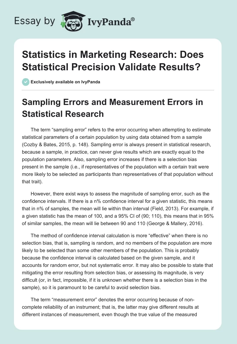 Statistics in Marketing Research: Does Statistical Precision Validate Results?. Page 1