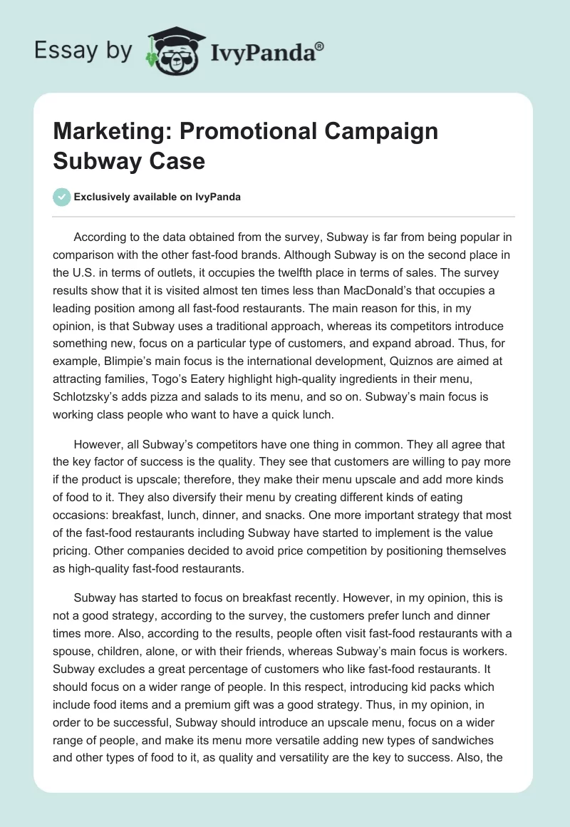 Marketing: Promotional Campaign Subway Case. Page 1