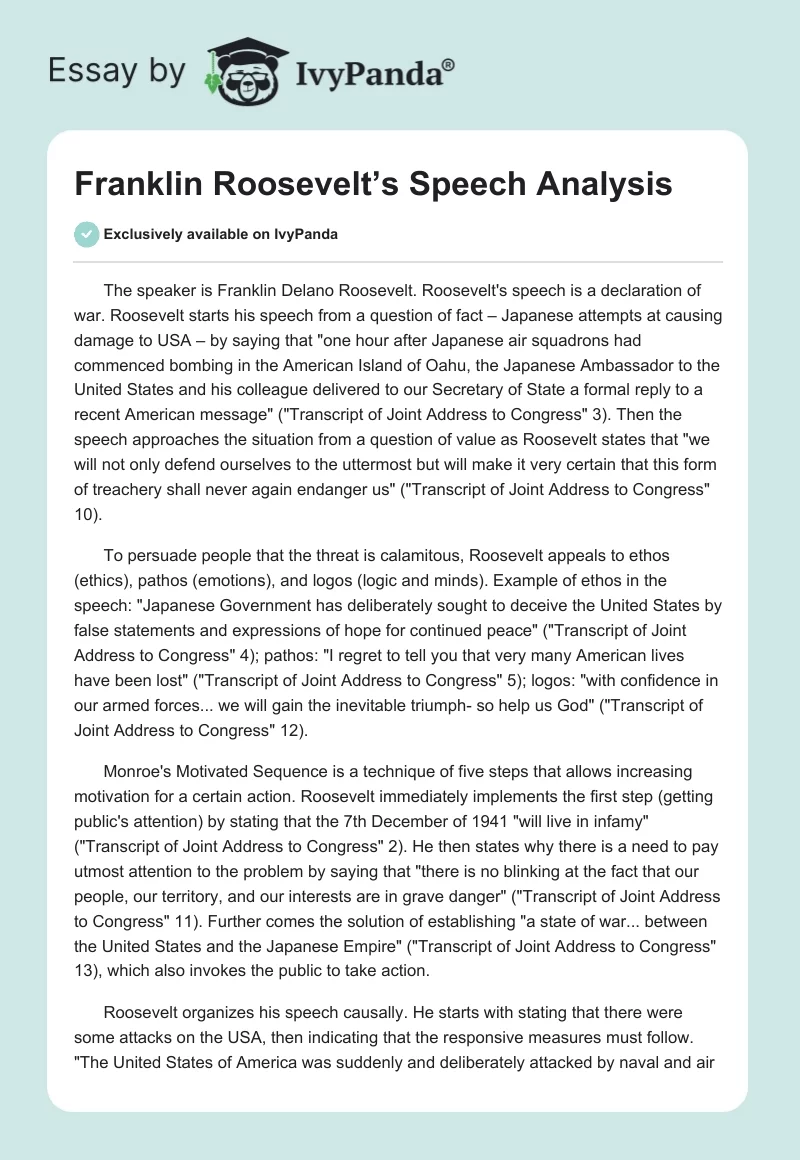Franklin Roosevelt S Speech Analysis 449 Words Essay Example